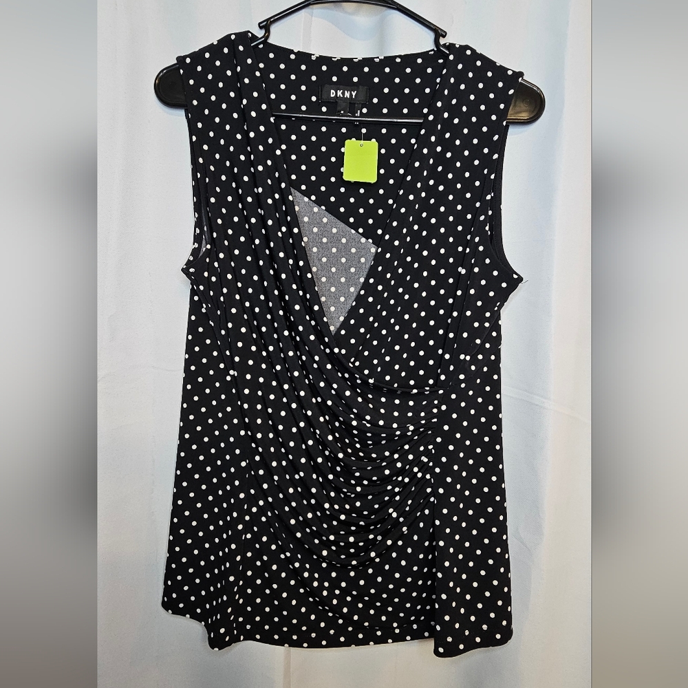 DKNY Black Sleeveless Polka Dot Blouse